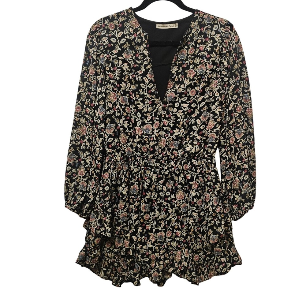 Abercrombie & Fitch Womens Floral Paisley V-Neck Ruffle Mini Dress‎ Black Medium